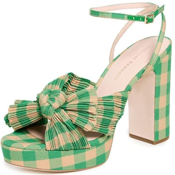 Loeffler Randall Natalia Bow Platform Heel SANDALS Size 5 Green Gingham NEW $450 - Picture 2 of 16